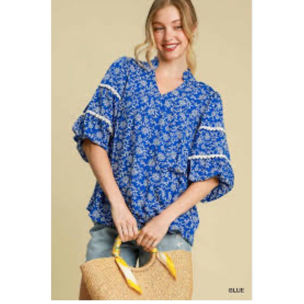 Umgee Women’s Ballon Sleeve Pleated Oversized Floral Blue Blouse Top Medium